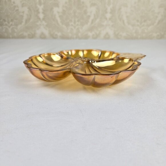 Vtg 1930's Carnival Glass 3 Leaf Clover Shaped Divided Dish Iridescent Marigold - Picture 6 of 9